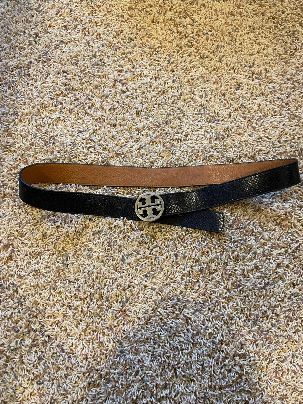 Tory Burch Black and Tan Reversible Logo Belt